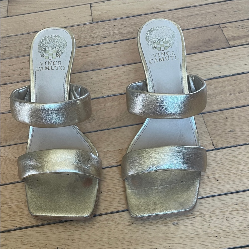 Vince Camuto Metallic Gold Double-Strap Square-Toe Slide Sandals